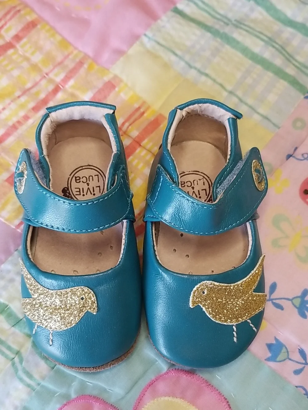 Livie & Luca Teal Leather Mary Janes with Gold Glitter Bird 0-6 Month Pio Pio